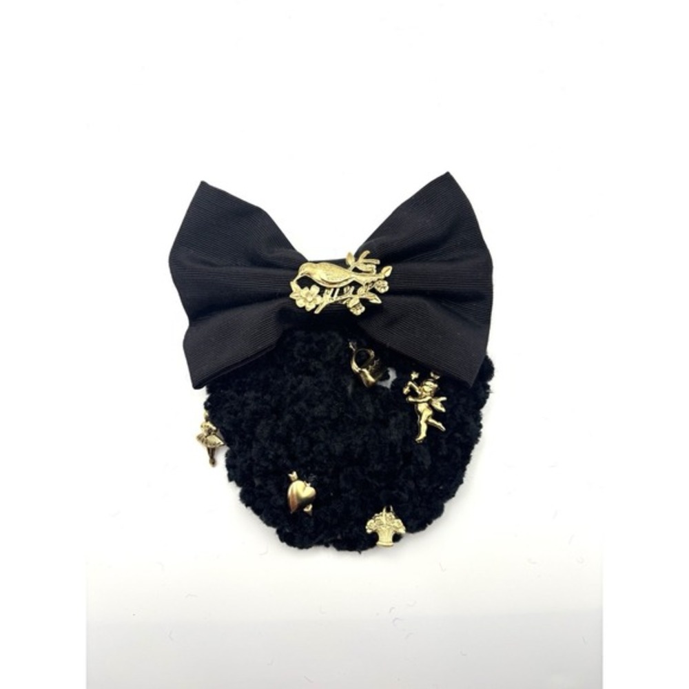Vintage Style Black Snood Hair Clip Gold Charm Bow Cottagecore Balletcore‎